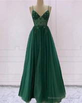 Spaghetti Strap Green A Line Long Prom Dress V Neck Formal Evening Gown Party Dress